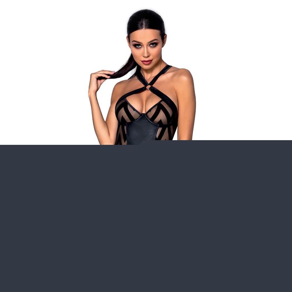 Сітчастий комплект з візерунком Passion HIMA CORSET L/XL black корсет з халтером, підв'язки, трусики - зображення 1