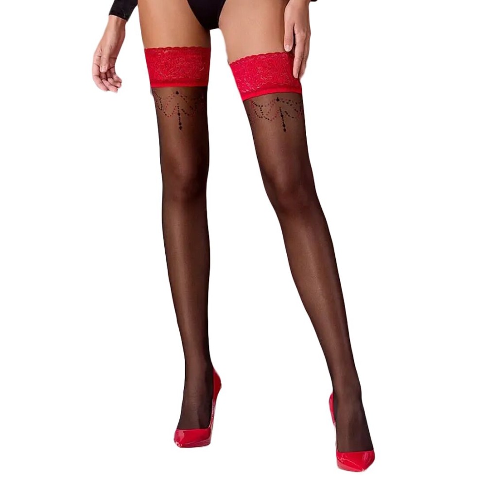 Панчохи Passion ST120 5 black-red, на ажурній силіконовій резинці, вишуканий декор та люрекс - зображення 1