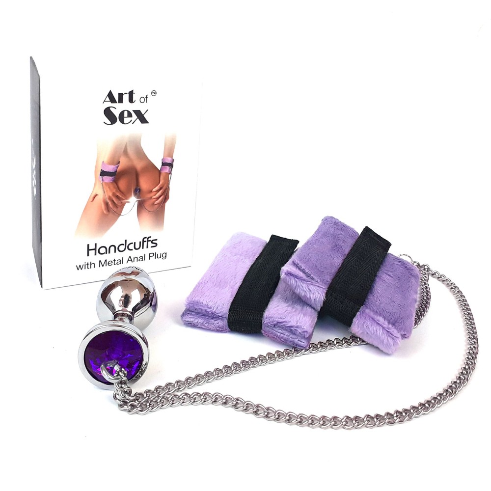 Наручники з металевою анальною пробкою Art of Sex Handcuffs with Metal Anal Plug size M Purple - зображення 1