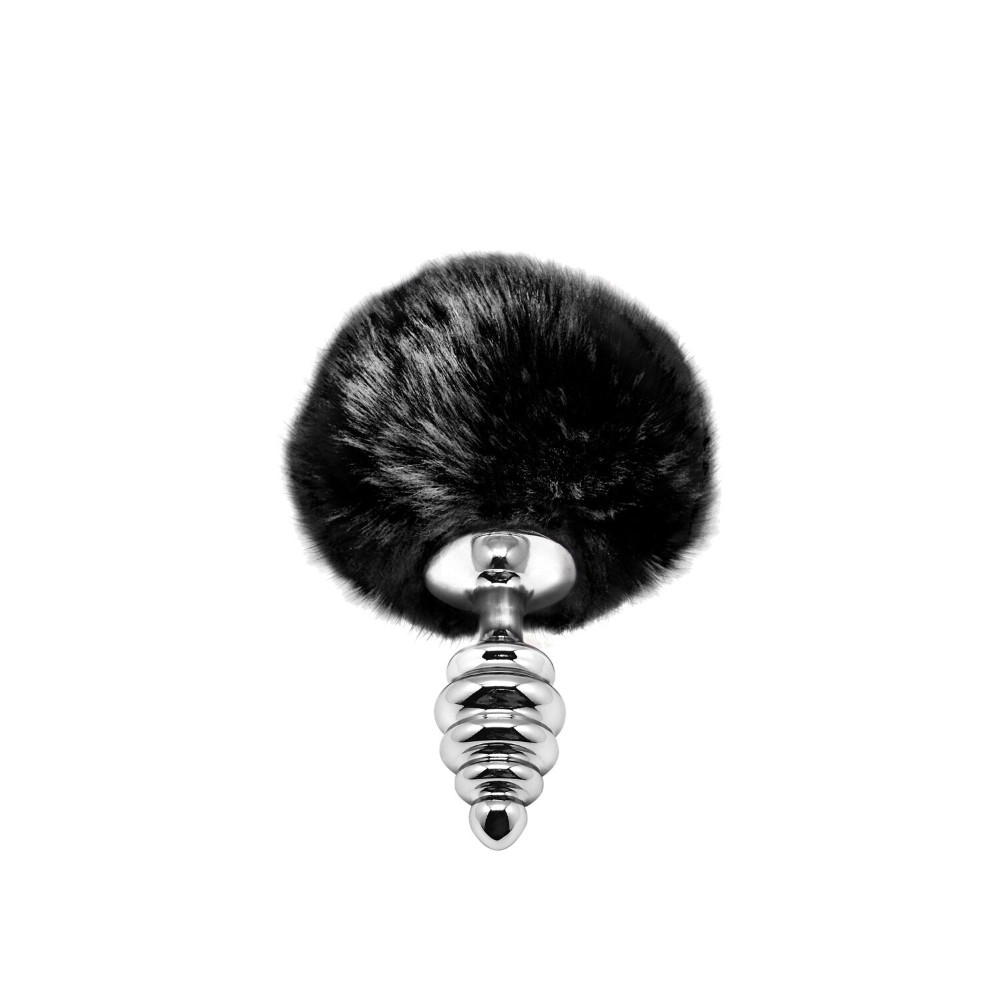 Металева анальна пробка Кролячий хвостик Alive Fluffy Twist Plug S Black, діаметр 2,9 см - зображення 1