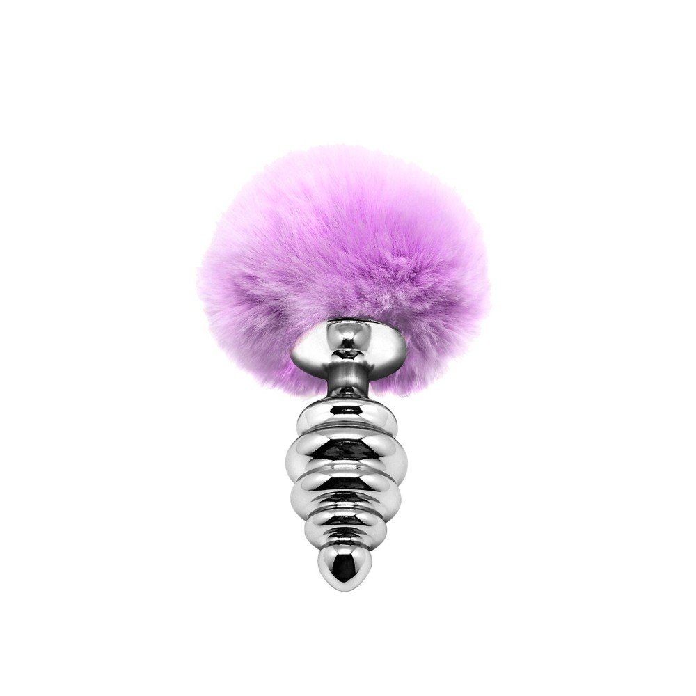 Металева анальна пробка Кролячий хвостик Alive Fluffy Twist Plug M Purple, діаметр 3,4 см - зображення 1