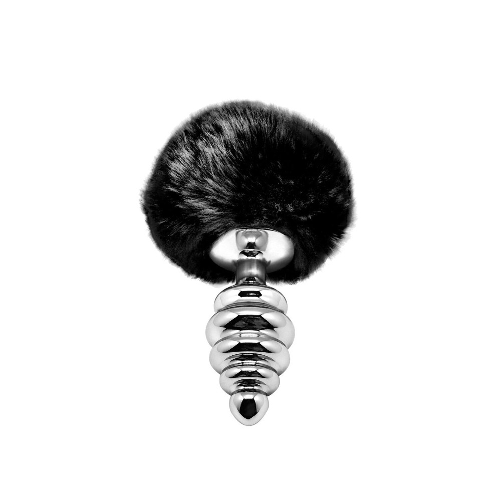 Металева анальна пробка Кролячий хвостик Alive Fluffy Twist Plug M Black, діаметр 3,4 см - зображення 1