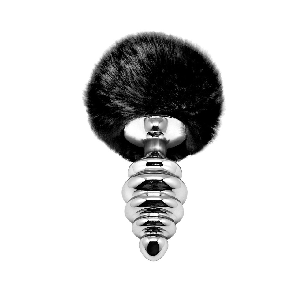 Металева анальна пробка Кролячий хвостик Alive Fluffy Twist Plug L Black, діаметр 3,8 см - зображення 1
