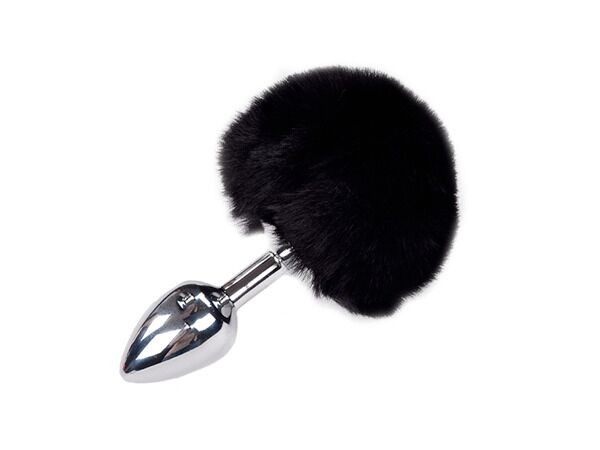 Металева анальна пробка Кролячий хвостик Alive Fluffy Plug S Black, діаметр 2,8 см - зображення 1