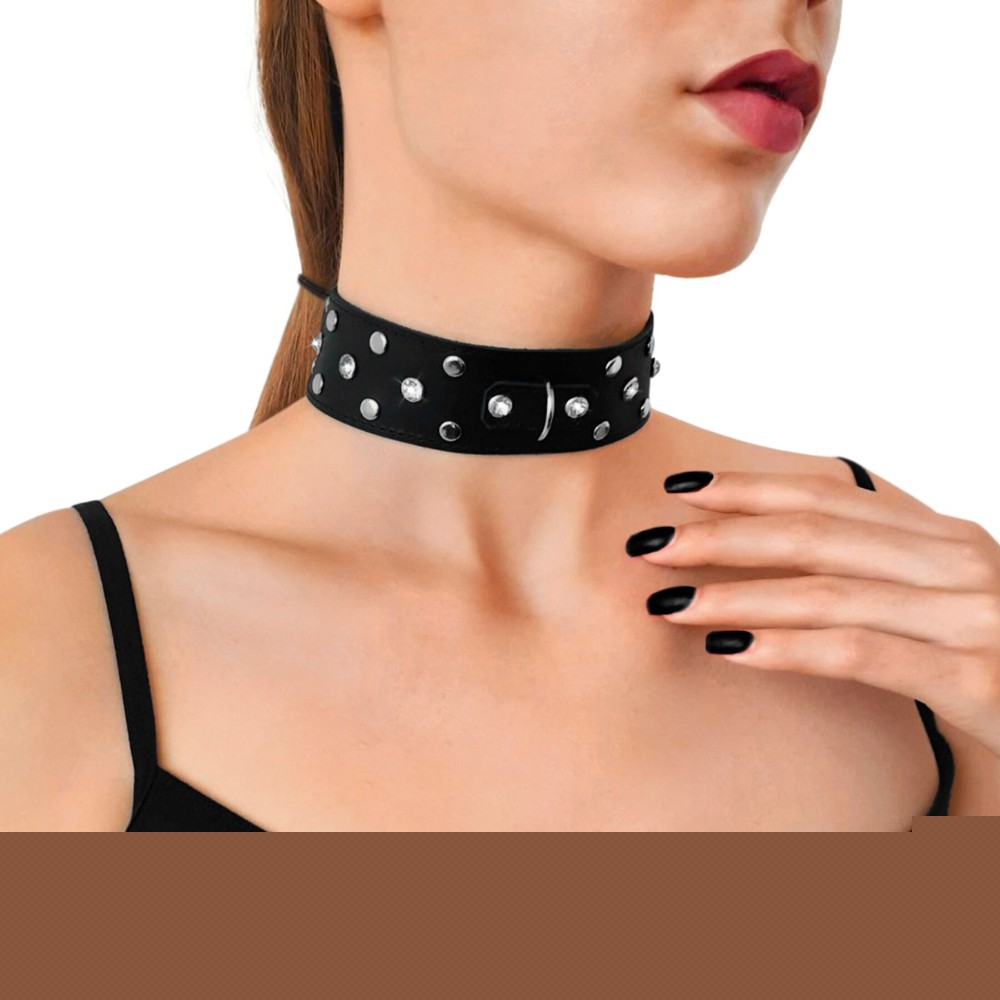 Нашийник з натуральної шкіри із заклепками та стразами Art of Sex - Jenna Collar, Чорний - зображення 1
