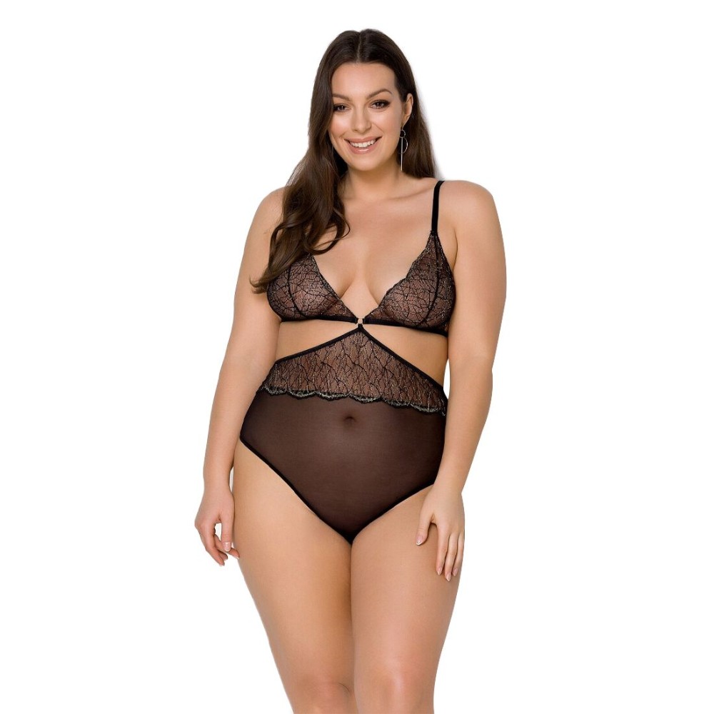 Боді Passion AMBERLY BODY 4XL/5XL black, асиметричний крій, мереживний ліф, золота нитка - зображення 1