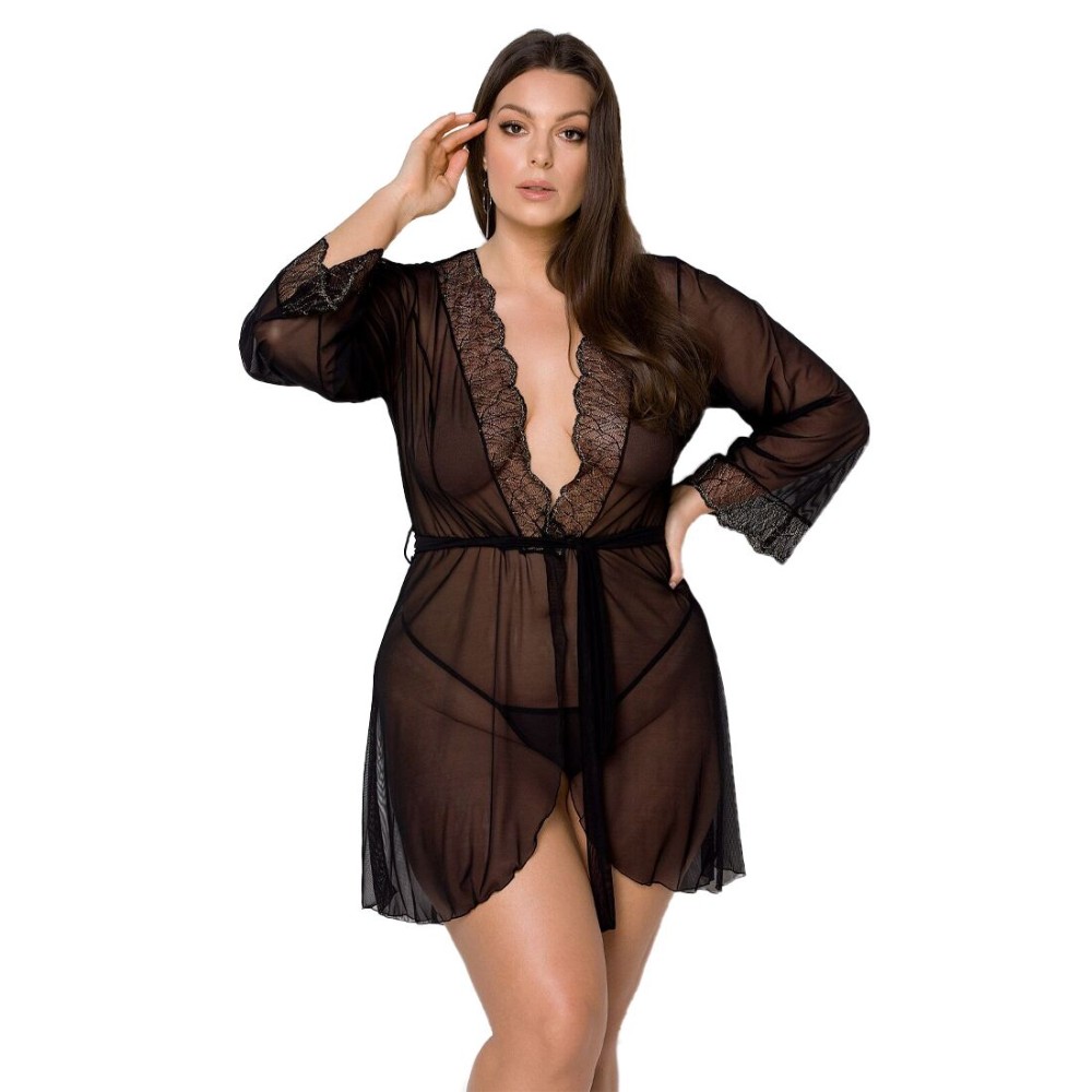 Пеньюар Passion AMBERLY PEIGNOIR 4XL/5XL, black, ажурні декольте та манжети, широкі рукави - зображення 1