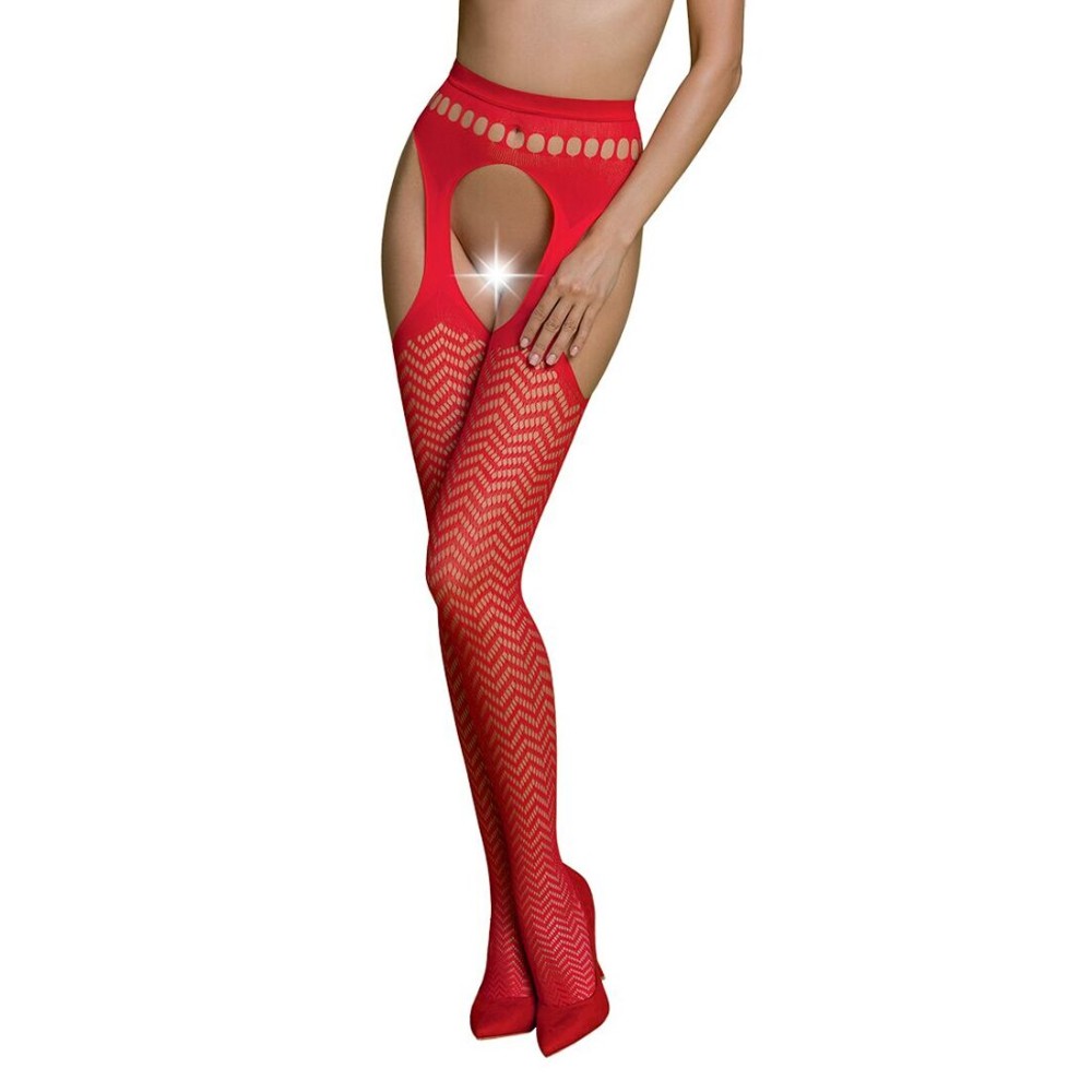 Еротичні колготки-бодістокінг Passion ECO S002 red, з доступом, геометричне плетіння - зображення 1