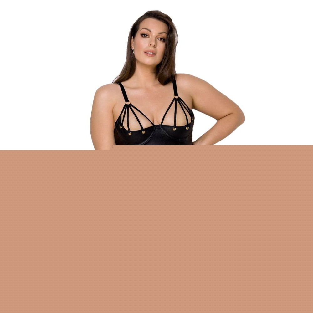 Комплект з екошкіри Passion MALWIA BIKINI 4XL/5XL black, з люверсами та ремінцями, бра, трусики - зображення 1