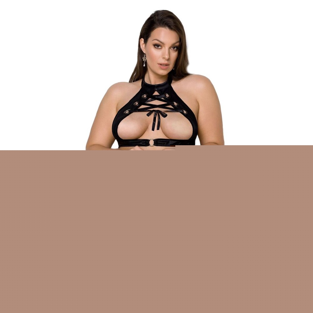 Комплект із екошкіри Passion MALWIA SET with Open Bra 4XL/5XL black, топ та трусики з люверсами - зображення 1