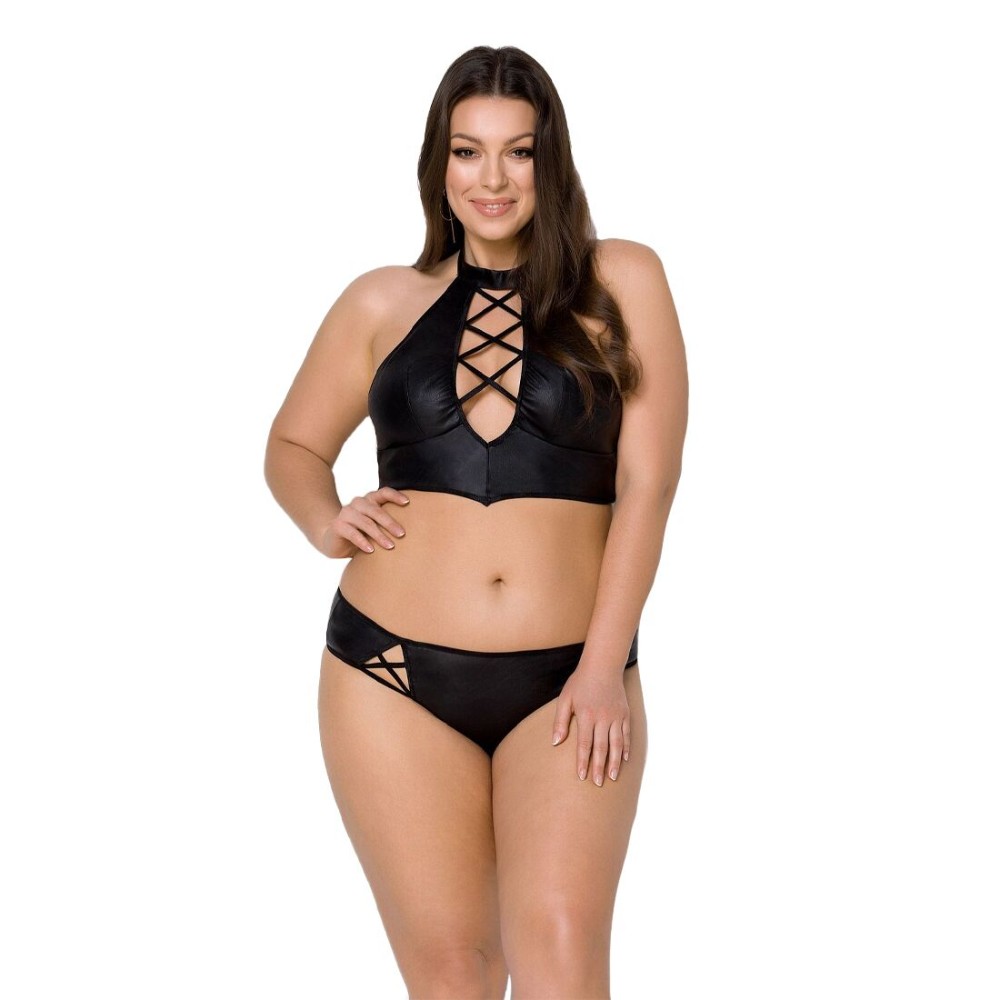 Комплект з екошкіри Passion NANCY BIKINI 6XL/7XL black, бра та трусики з імітацією шнурівки - зображення 1