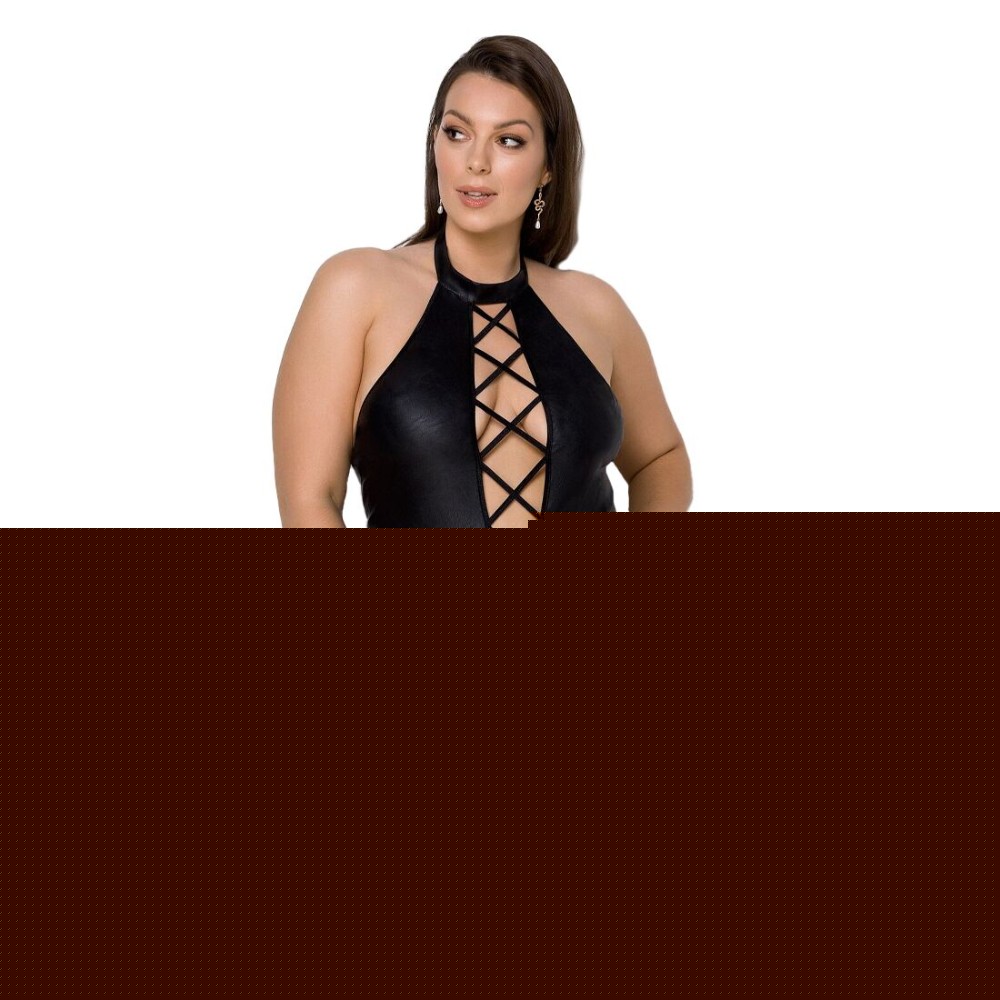 Боді з екошкіри Passion NANCY BODY 4XL/5XL black, з імітацією шнурівки та відкритим доступом - зображення 1