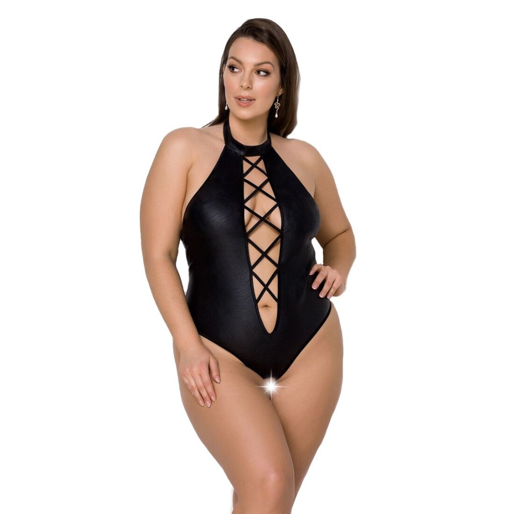 Боді з екошкіри Passion NANCY BODY 6XL/7XL black, з імітацією шнурівки та відкритим доступом - зображення 1