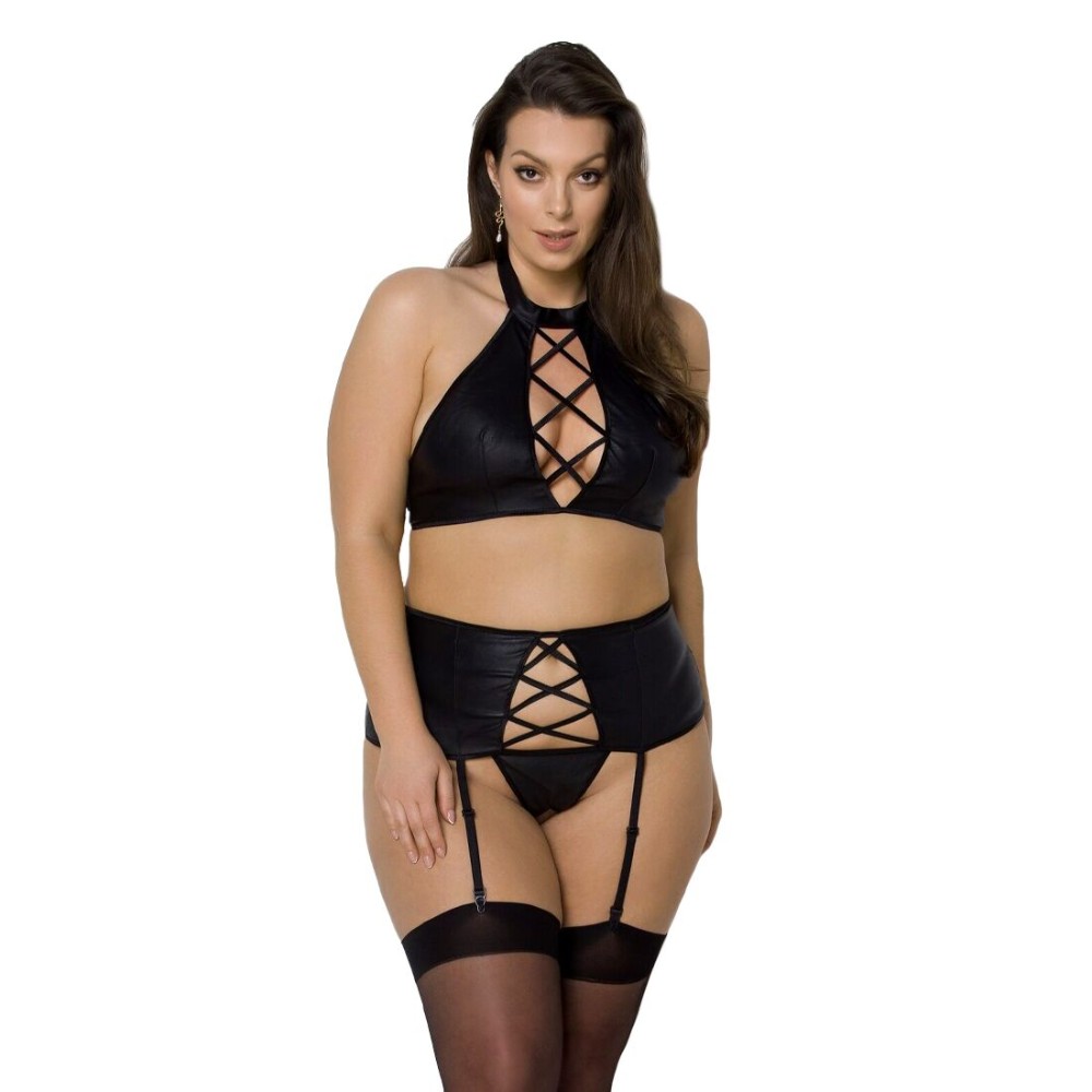 Комплект з екошкіри Passion NANCY SET 4XL/5XL black, імітація шнурівки, топ, пояс для панчіх - зображення 1