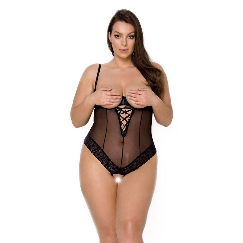 Боді Passion Exclusive NORTH BODY 4XL/5XL black, відкриті груди, з доступом, вініл та мережива - зображення 1