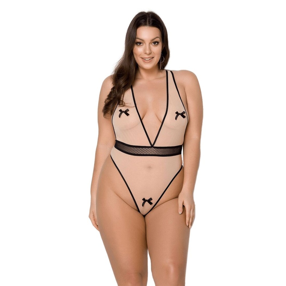 Боді Passion VIENA BODY 4XL/5XL, beige, контрастне, бантики, вставка-сітка, відкриті сідниці - зображення 1