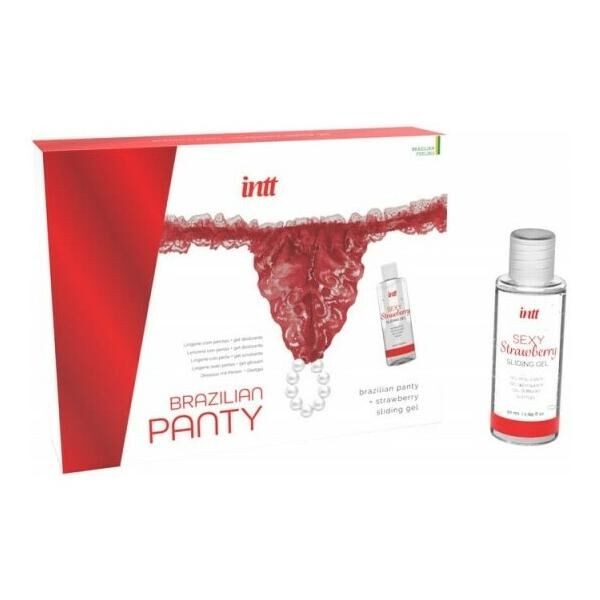 Набір Intt BRAZILIAN PANTY RED: трусики на резинці S-XL з перлинним кільцем + полунична змазка - зображення 1
