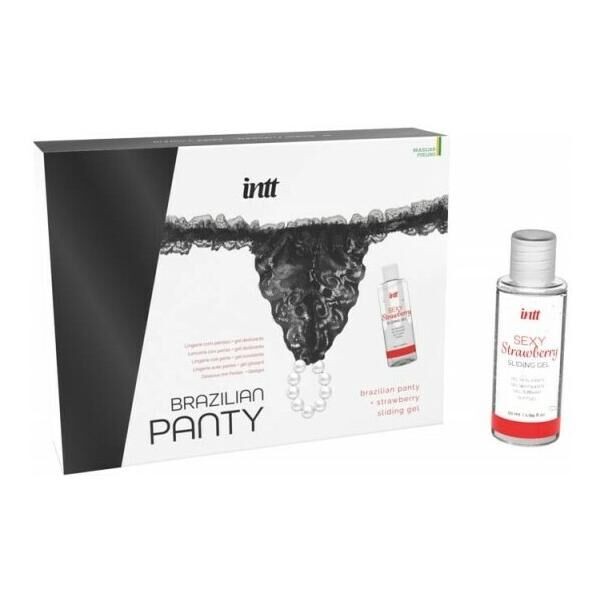Набір Intt BRAZILIAN PANTY BLACK: трусики на резинці S-XL з перлинним кільцем + полунична змазка - зображення 1