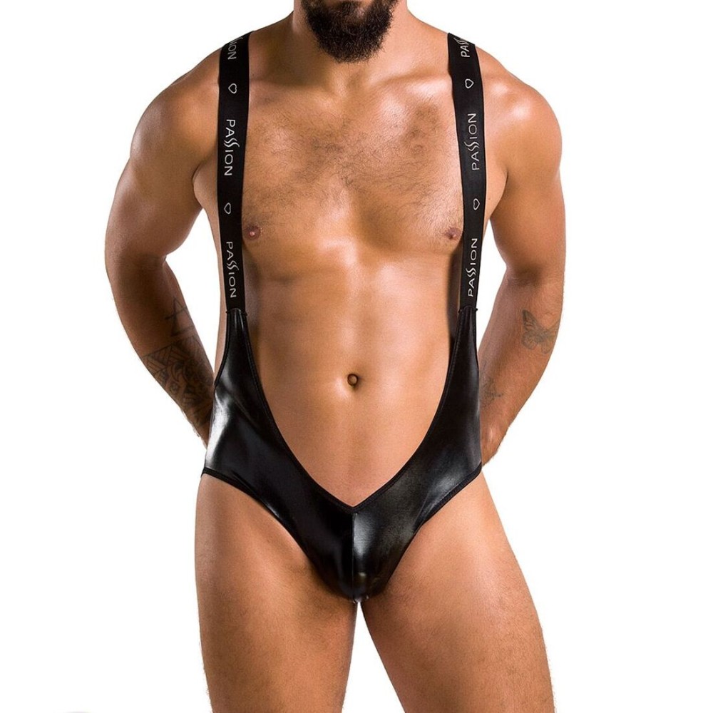 Чоловіче відкрите боді Passion 027 BRUNO L/XL Black, під латекс, на шлейках - зображення 1