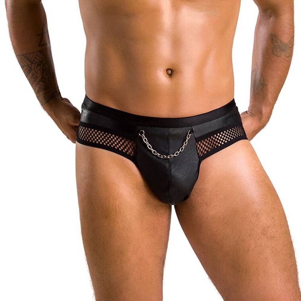 Чоловічі труси з ланцюжком Passion 030 SLIP TOM S/M Black, екошкіра, відкриті сідниці - зображення 1