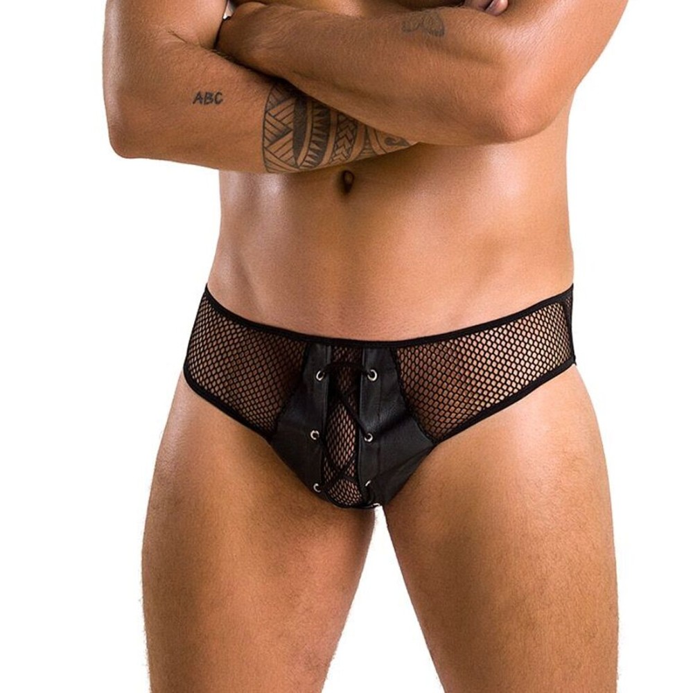 Чоловічі труси зі шнурівкою Passion 035 SLIP RICHARD L/XL Black, екошкіра, сітка - зображення 1