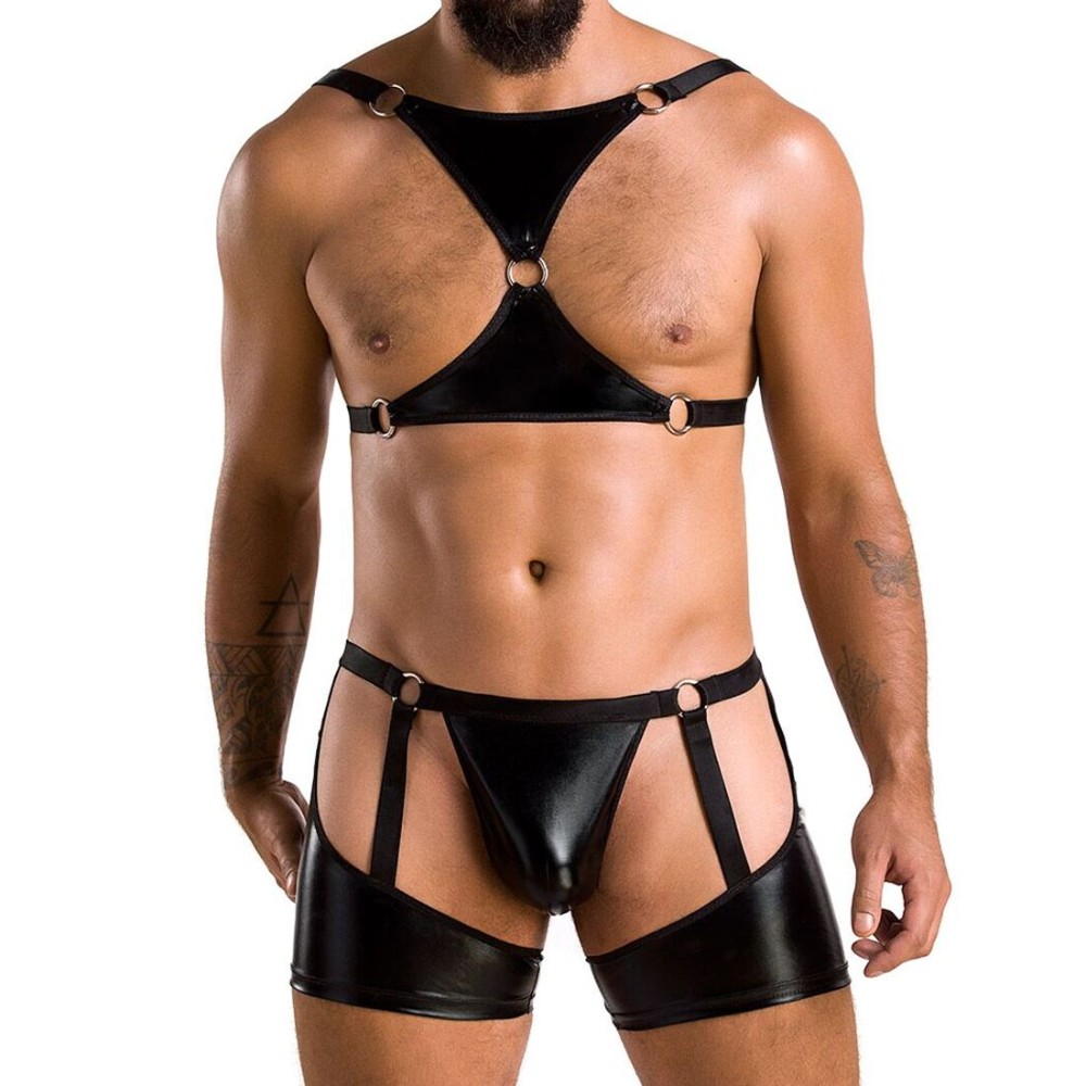 Комплект еротичної чоловічої білизни Passion 047 SET JOHN XXL/XXXL Black, труси, портупея - зображення 1