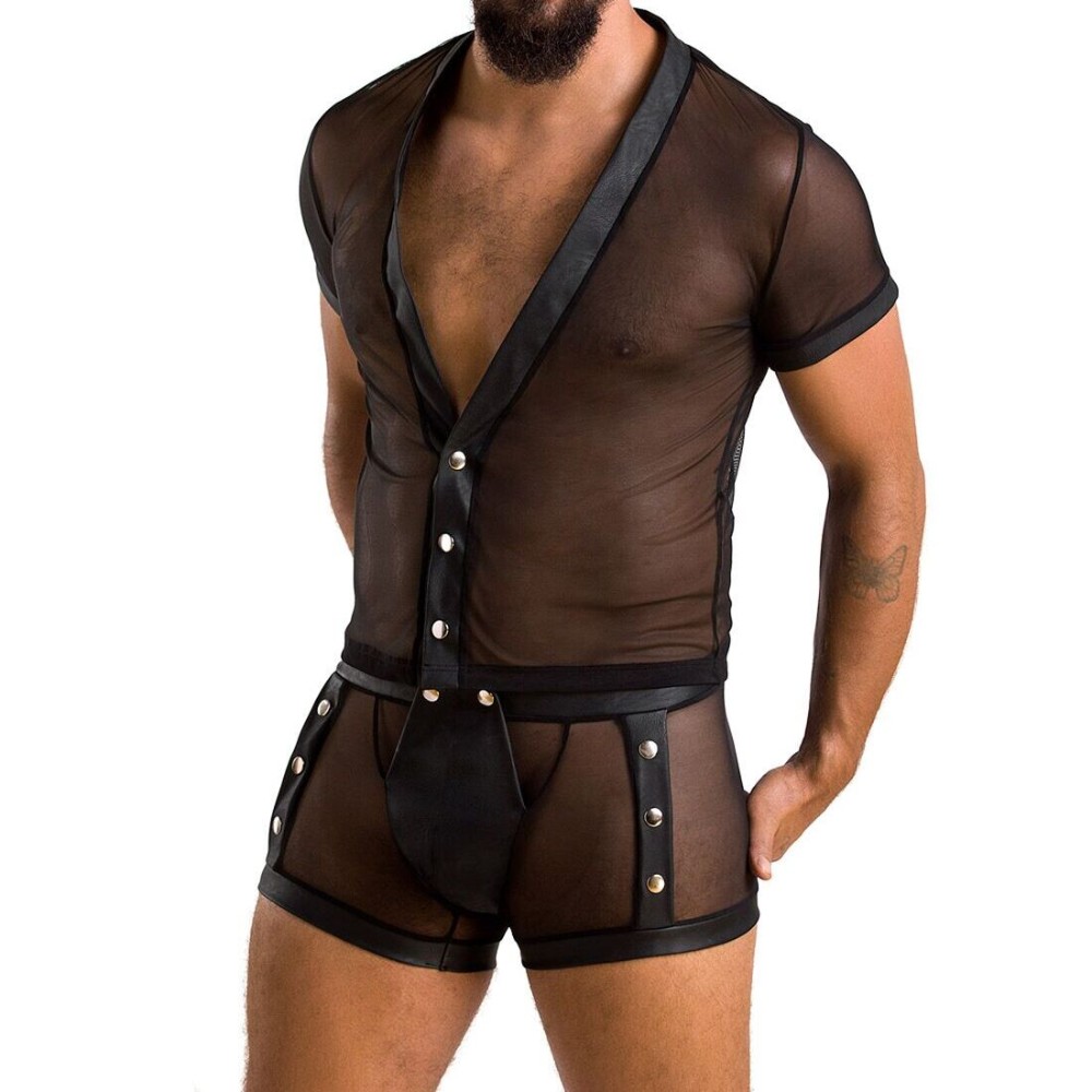 Комплект сітчастої чоловічої білизни Passion 052 SET MICHAEL 2XL/3XL black сорочка, боксери заклепки - зображення 1