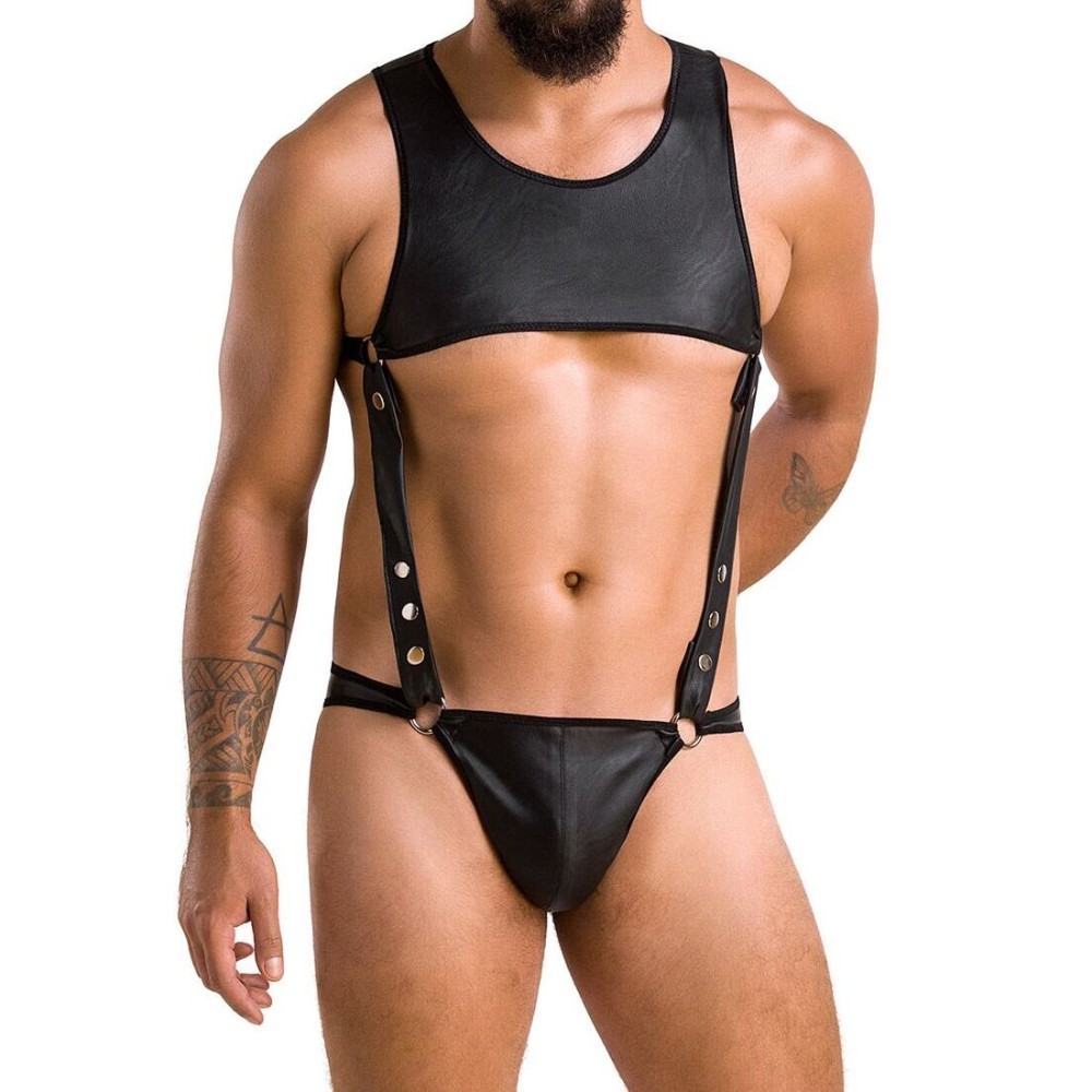 Чоловіче шкіряне боді Passion 056 ADAM XXL/XXXL Black, заклепки - зображення 1