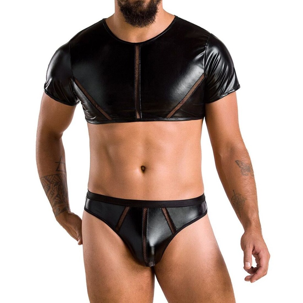 Комплект чоловічої білизни під латекс Passion 057 SET PETER S/M Black, кроп-топ, стринги - зображення 1
