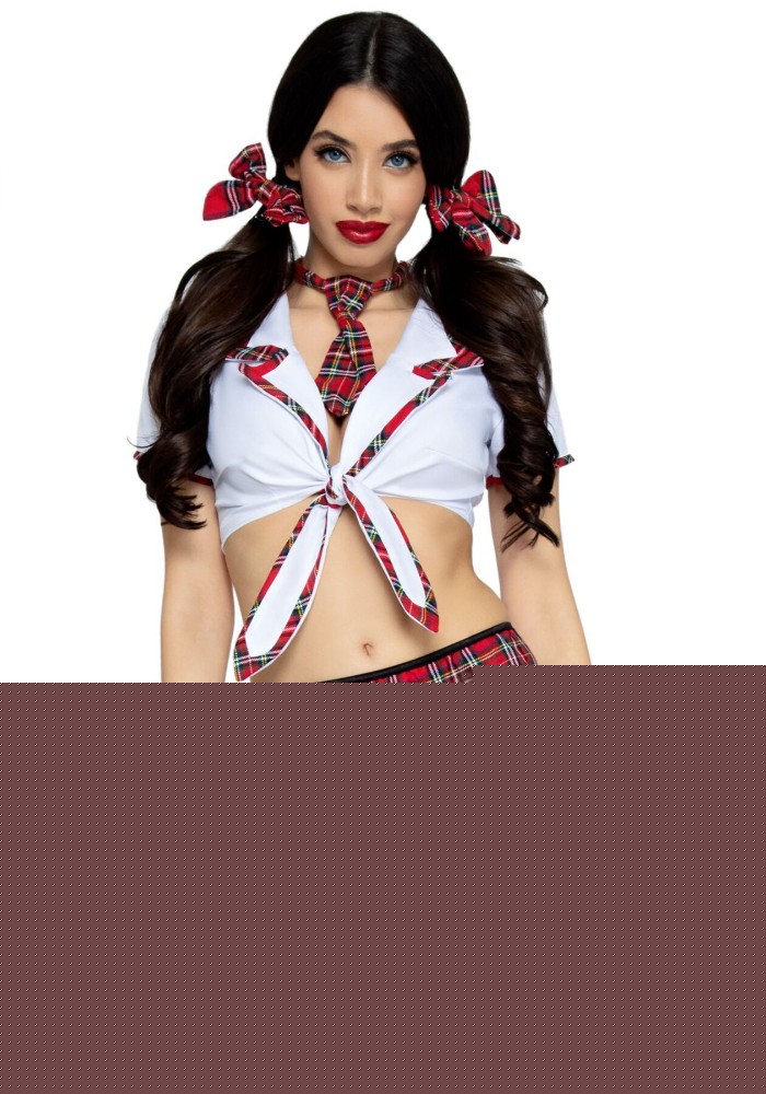 Костюм школярки Leg Avenue Miss Prep School M/L, топ, спідниця, краватка, бантики - зображення 1