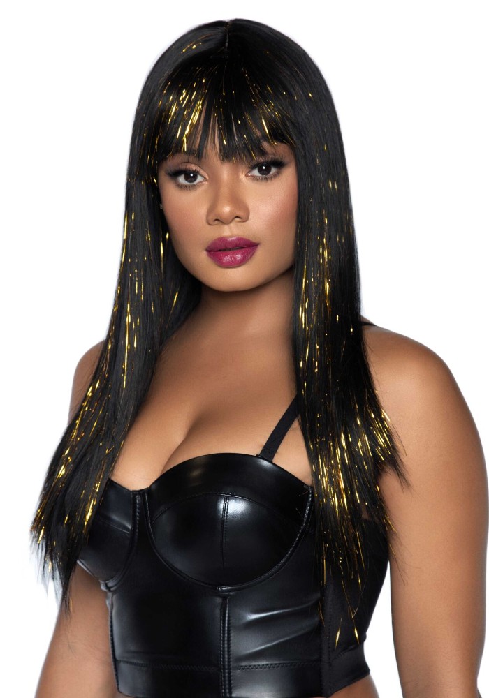 Чорна перука із золотими пасмами Leg Avenue Long bang wig with tinsel, 60 см - зображення 1