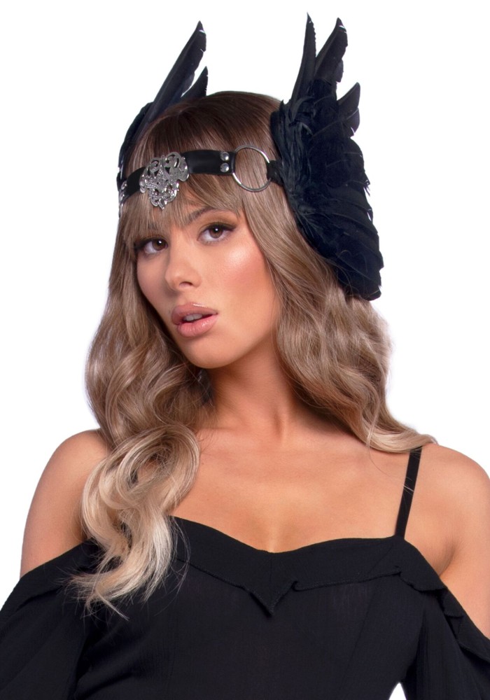 Пов’язка на голову з крилами Leg Avenue Feather headband Black, пір’я та натуральна шкіра - зображення 1