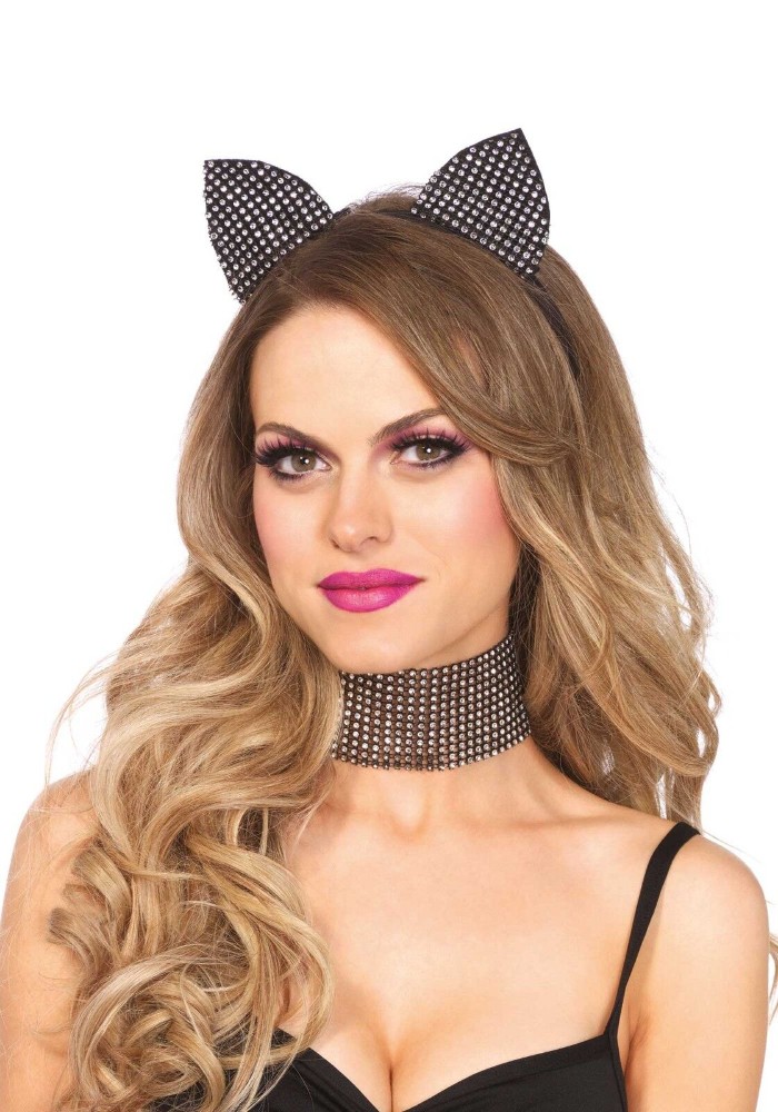 Набір кішечки зі стразами Leg Avenue Cat ear headband & choker set, широкий чокер та вушка - зображення 1