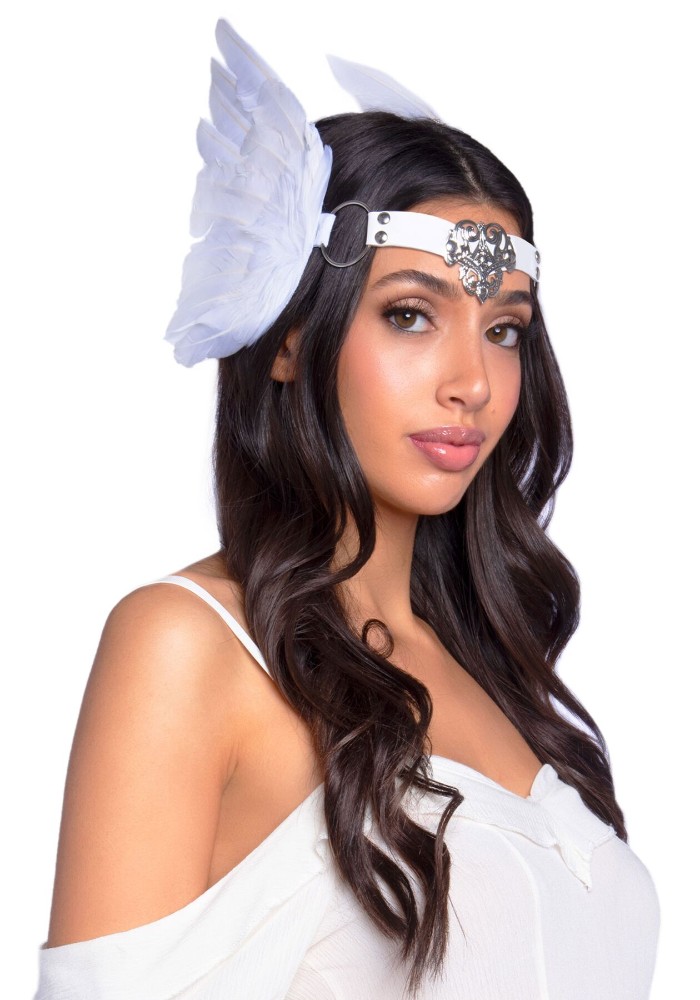 Пов’язка на голову з крилами Leg Avenue Feather headband White, пір’я та натуральна шкіра - зображення 1