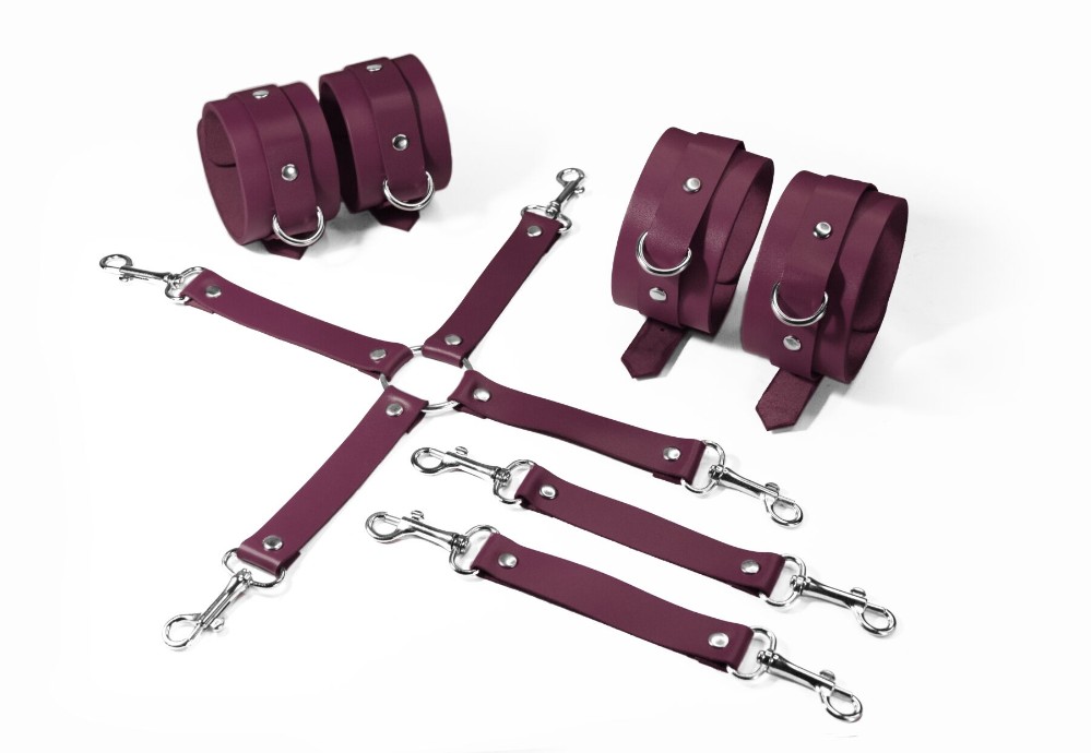 Набір для БДСМ Feral Feelings BDSM Kit 3 Burgundy, наручники, поножі, хрестовина - зображення 1
