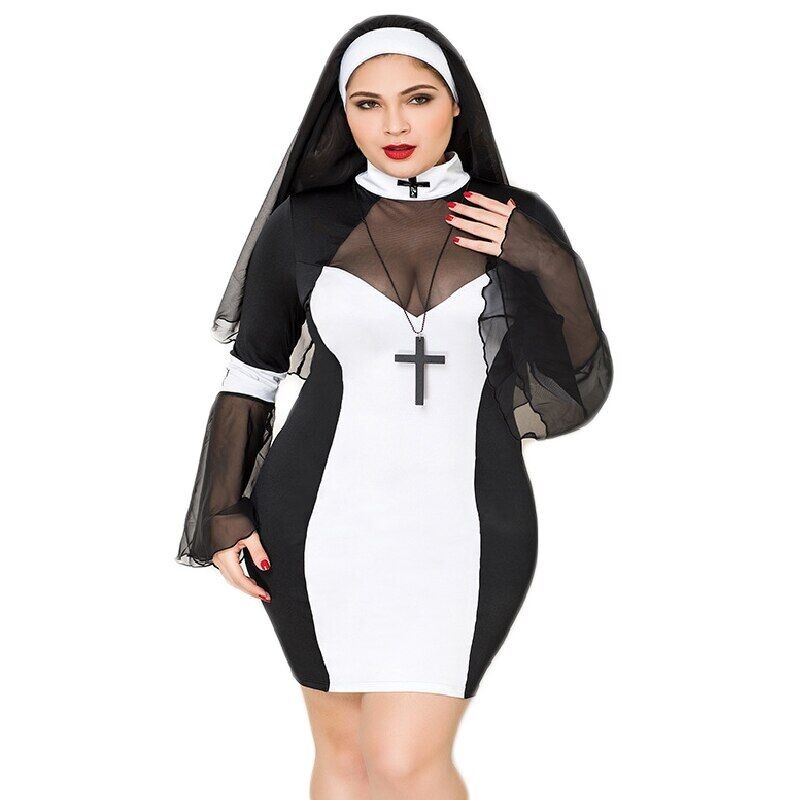 Еротичний костюм черниці JSY «Грішниця Лола» Plus Size Black, сукня, хрест, апостольник - зображення 1