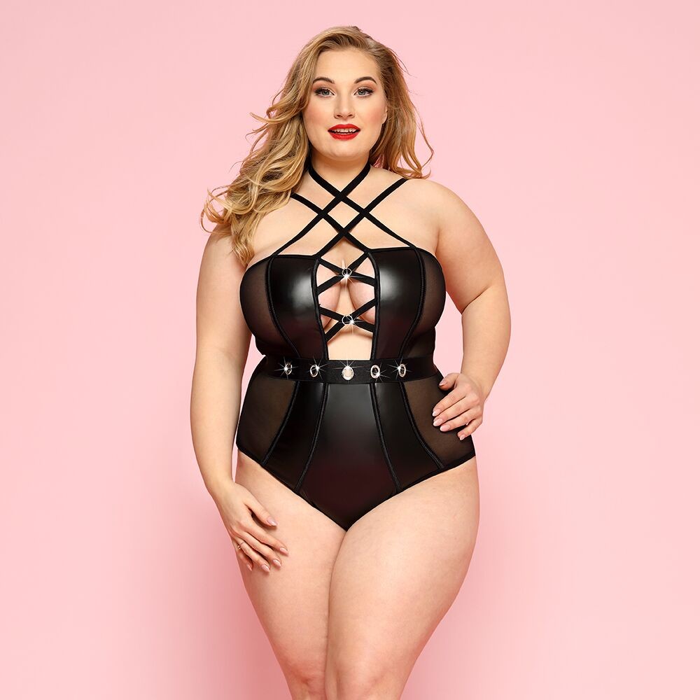 Сексуальне боді JSY «Пристрасна Лорейн» Plus Size Black, люверси, стрепи, екошкіра, шнурівка - зображення 1