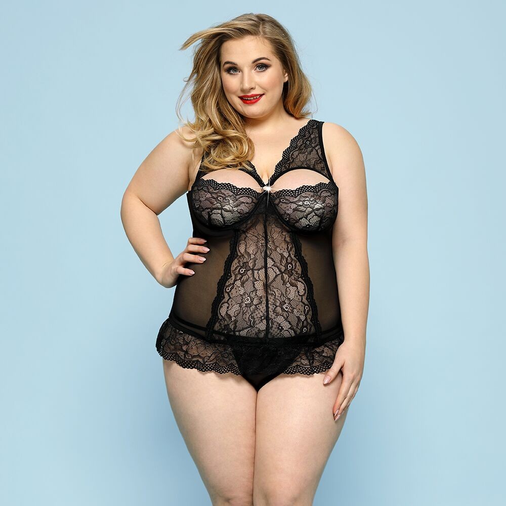 Сексуальний комплект білизни JSY «Скромниця Брук» Plus Size, Black, мереживо, корсет, стрінги - зображення 1