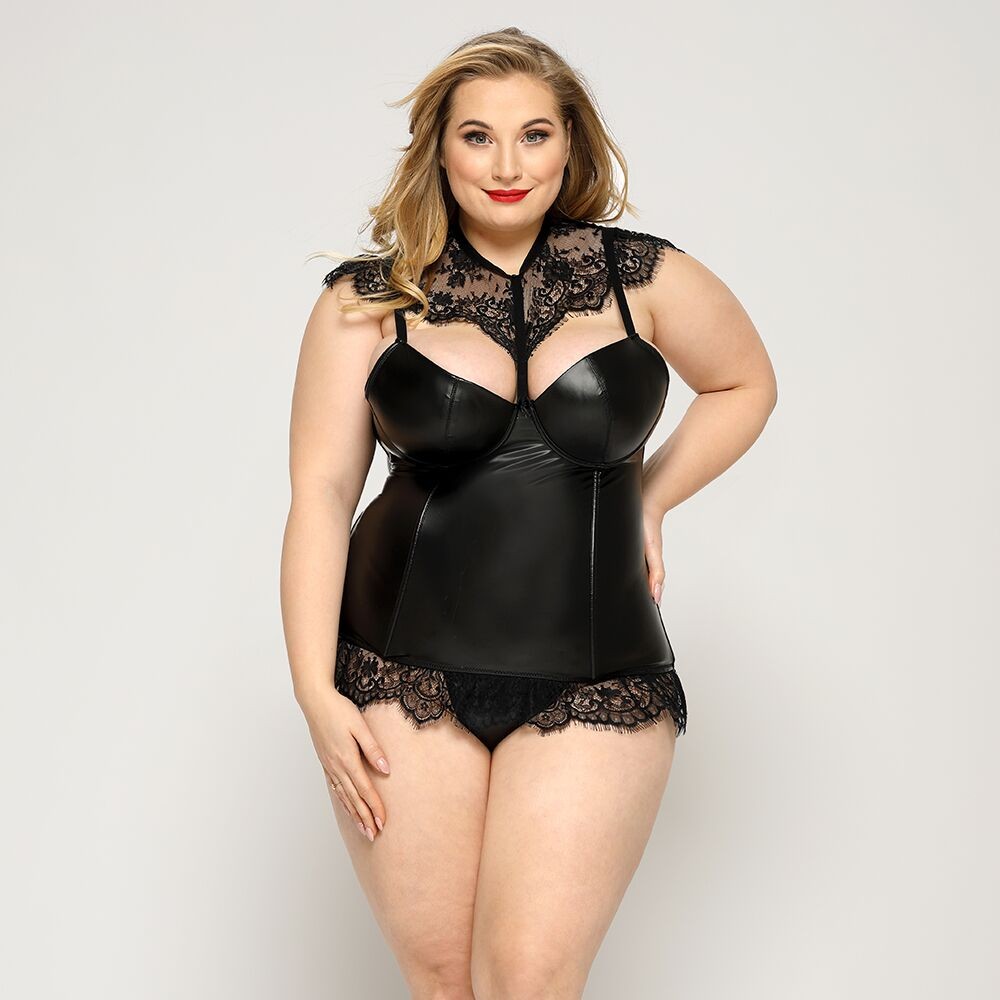 Латексний комплект білизни JSY «Пристрасна Ірис» Plus Size, Black, корсет, стрінги, мереживо - зображення 1