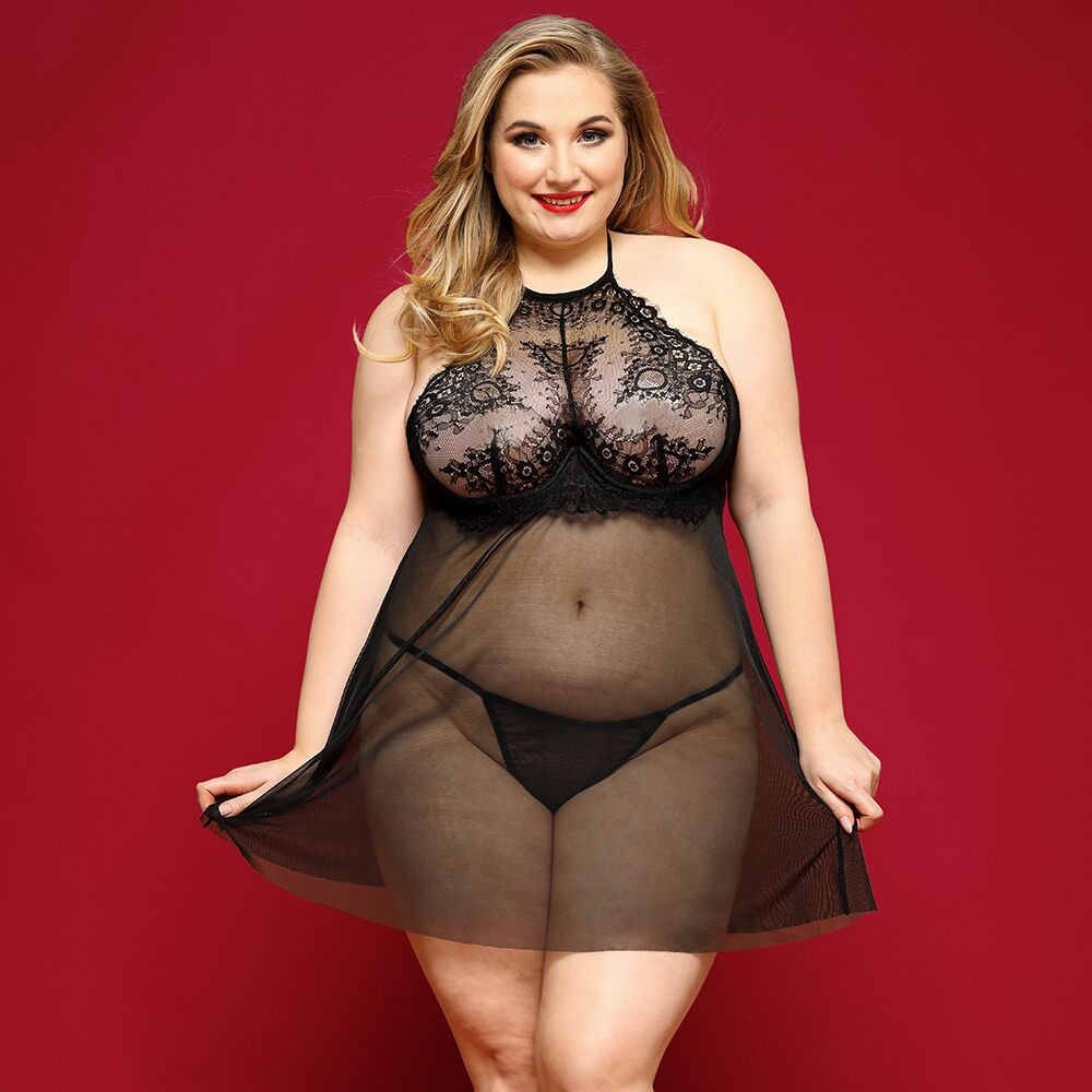 Сорочка бебі-дол JSY «Пристрасна Ліліт» Plus Size, Black, халтер, дрібна сітка, мереживо, стрінги - зображення 1
