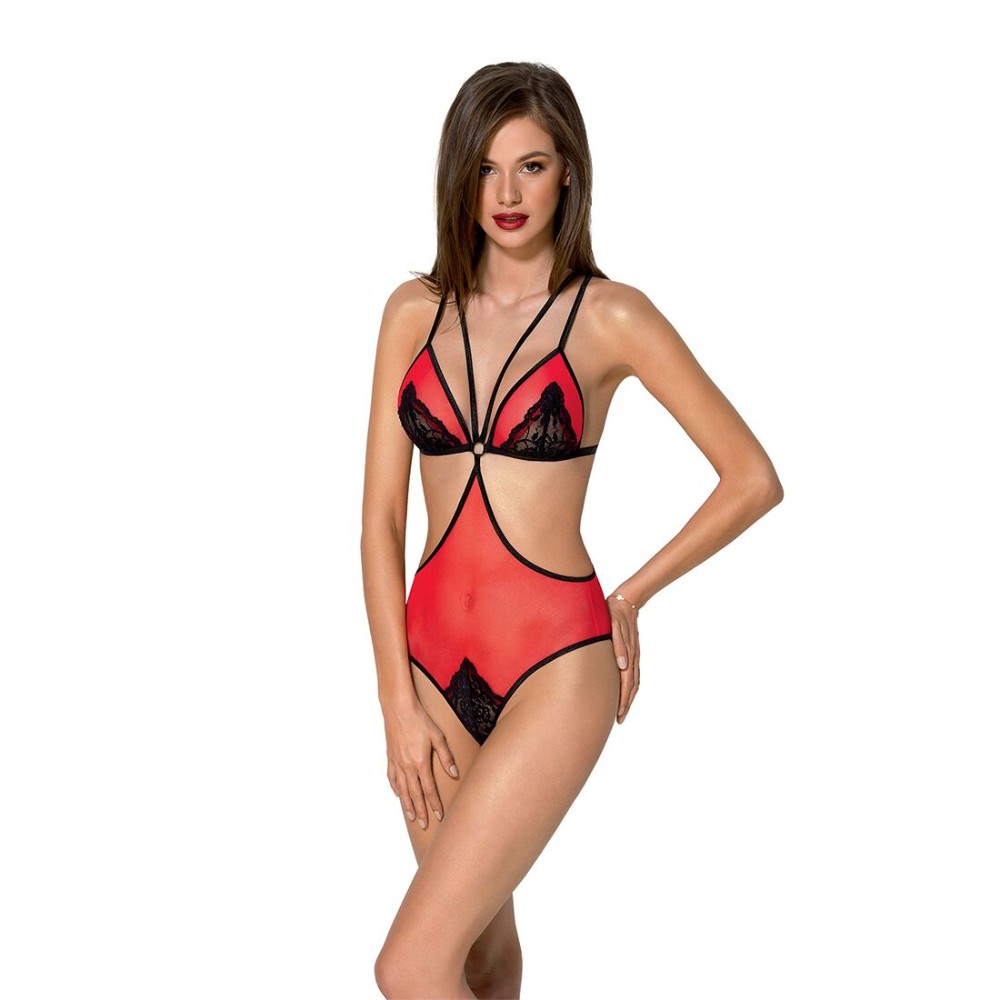 Напівпрозоре боді з мереживом Passion PEONIA BODY XXL/XXXL red - зображення 1