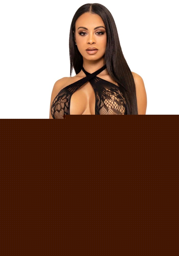 Мереживне тедді Leg Avenue Lace and net halter teddy One size Black, глибокий виріз, халтер - зображення 1
