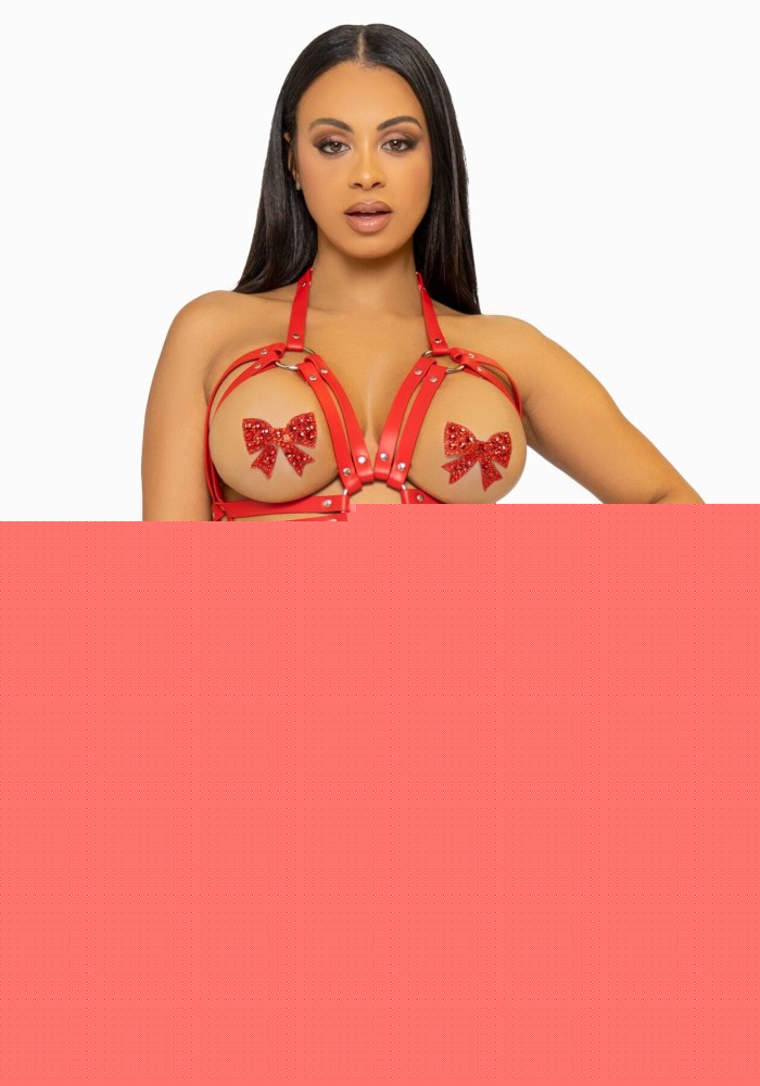 Портупея-тедді з ременів Leg Avenue Studded O-ring harness teddy M Red, екошкіра - зображення 1