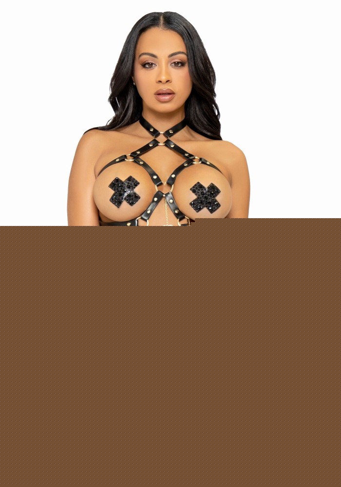 Портупея-тедді з екошкіри Leg Avenue Heart ring harness teddy M, Black, підвіска-сердечко, ланцюги - зображення 1