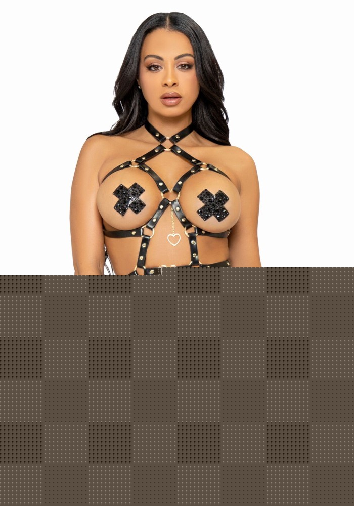 Портупея-тедді з екошкіри Leg Avenue Heart ring harness teddy L, Black, підвіска-сердечко, ланцюги - зображення 1
