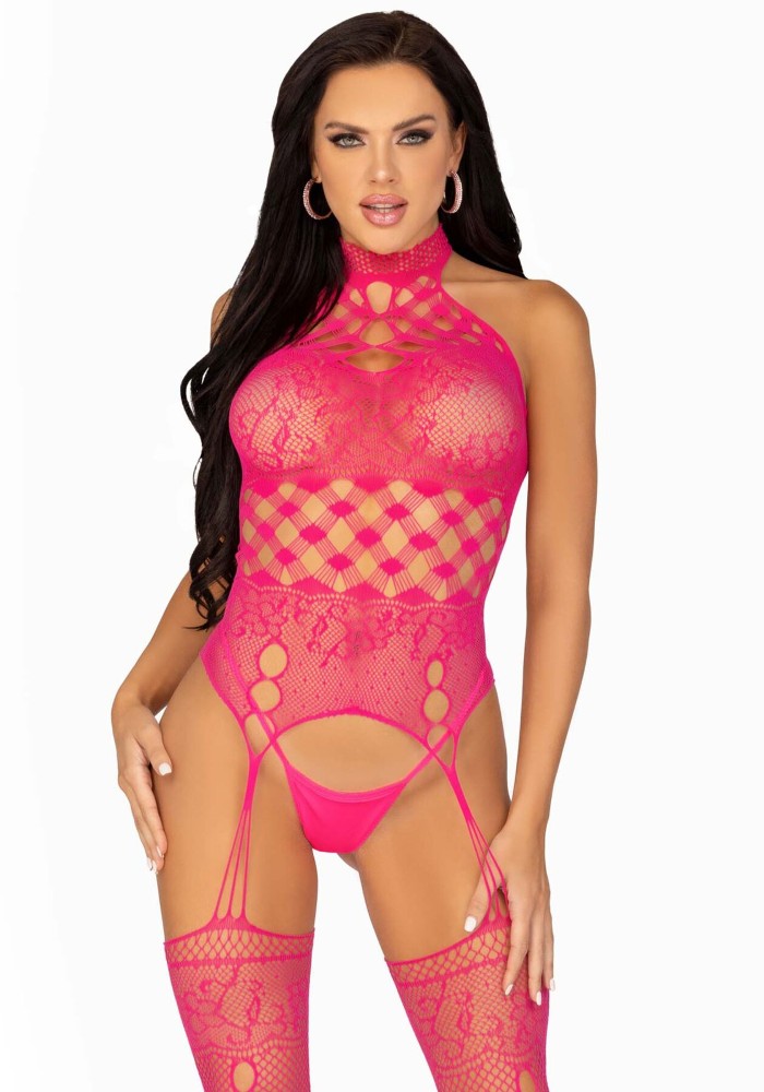 Мереживний бодістокінг з відкритим доступом Leg Avenue High neck lace bodystocking One size Raspberr - зображення 1