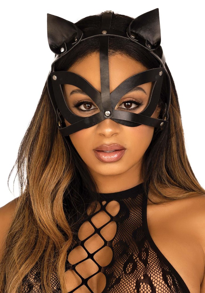 Маска кішки з екошкіри Leg Avenue Vegan leather studded cat mask Black - зображення 1