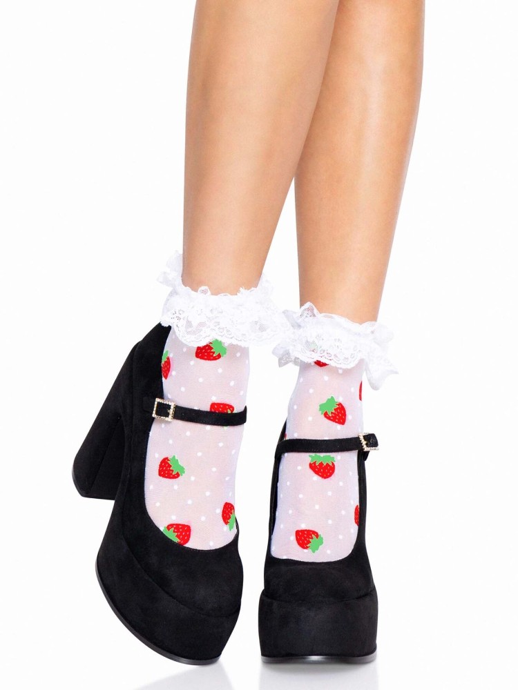 Шкарпетки жіночі з полуничним принтом Leg Avenue Strawberry ruffle top anklets One size, мереживні м - зображення 1