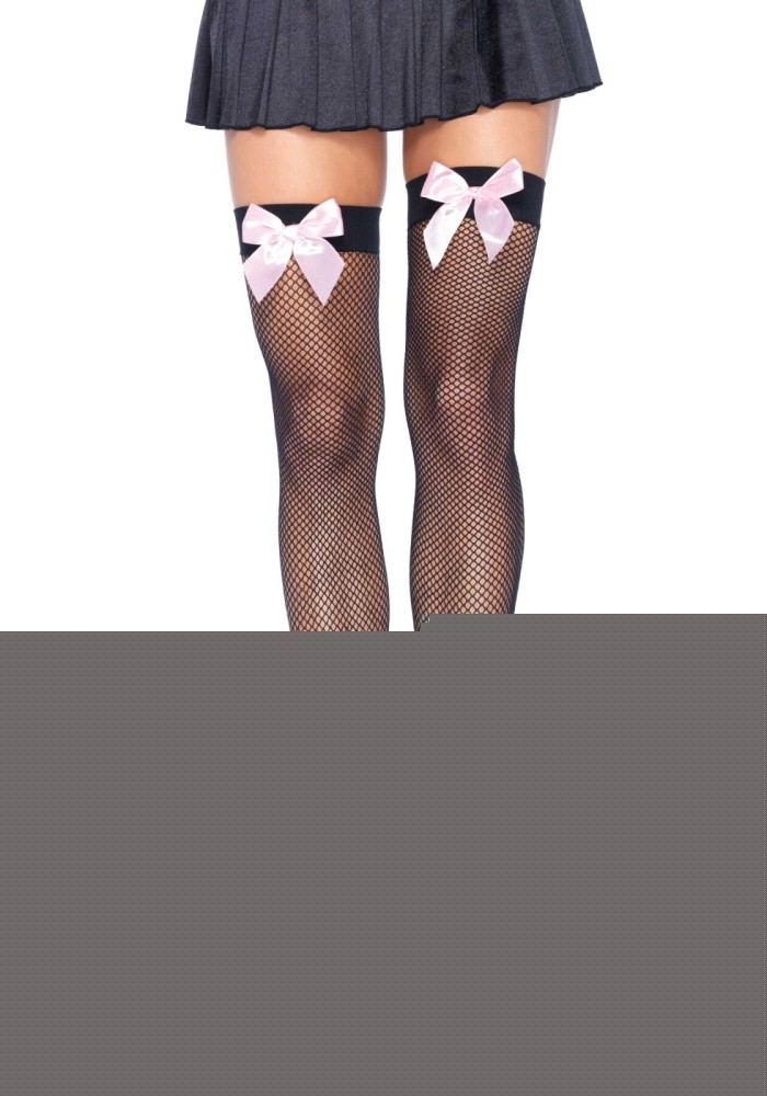 Панчохи-сітка з атласним бантиком Leg Avenue Fishnet Thigh Highs One size, Black With Bow Pink - зображення 1