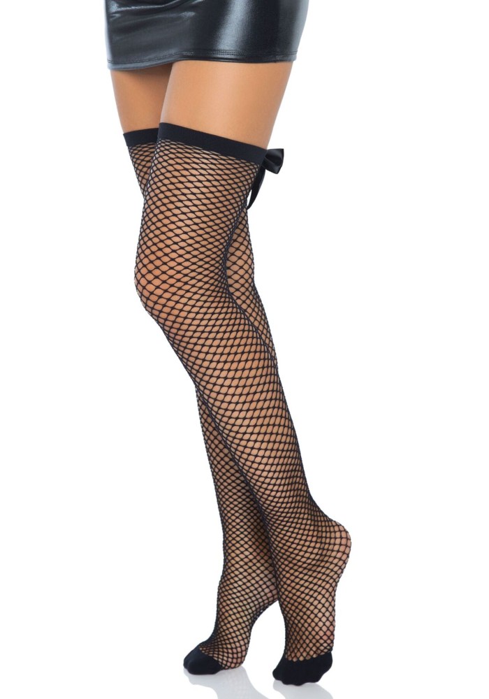 Панчохи-сітка зі швом ззаду Leg Avenue Bow back seam thigh highs One size Black, атласний бант - зображення 1